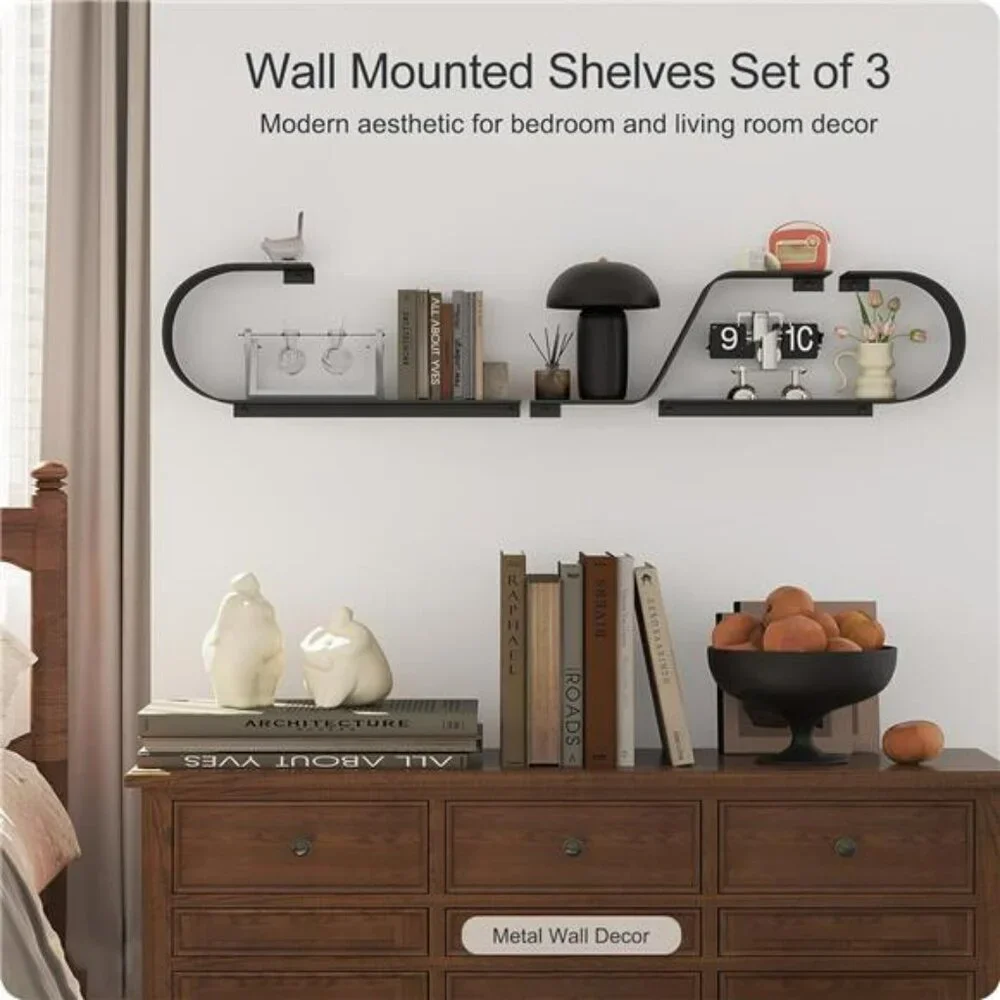 Black Metal Floating Shelves Set of 3 Wall Mounted Shelf for Home Decor